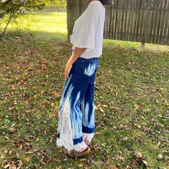 Upcycled Blue Tie-Dye Jeans with Lace Trim - Picture 3 of 4